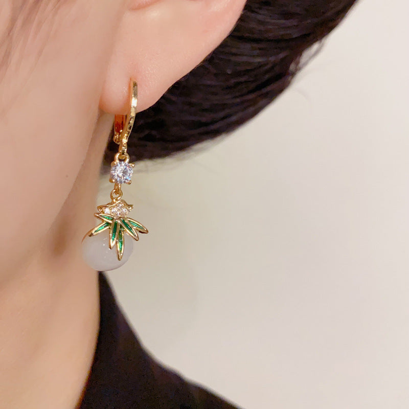 14K Gold-Plated Bamboo Leaf Tassel Earrings – Elegant Oriental Style