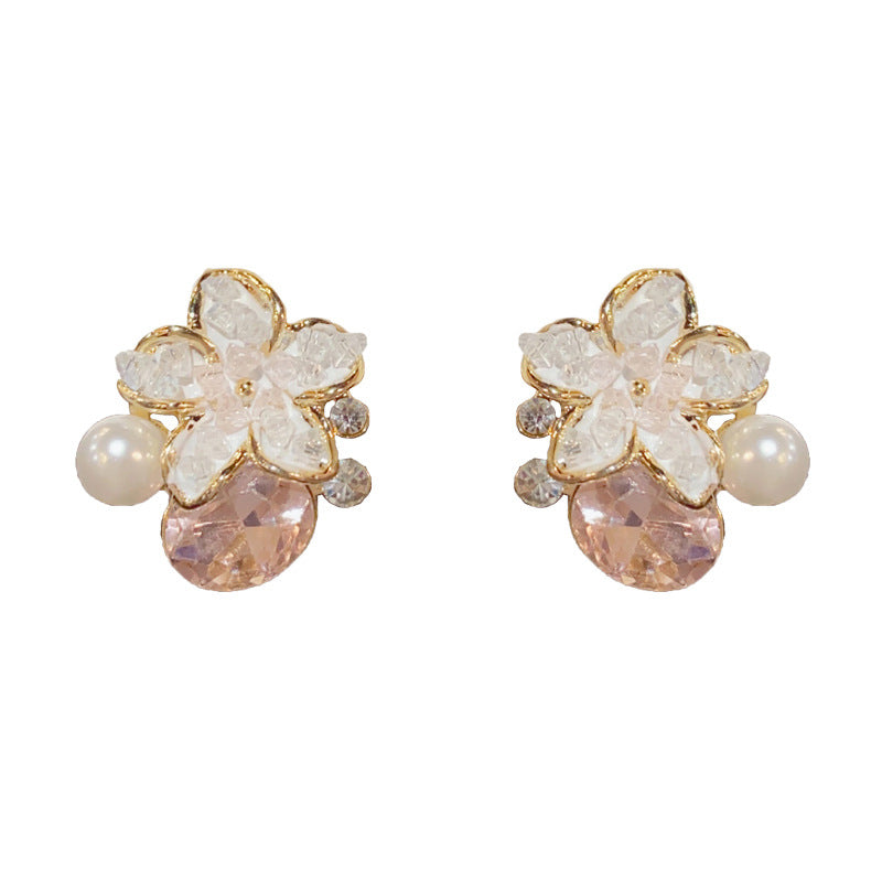 14K Gold Green Crystal Flower Pearl Stud Earrngs- Chic Elegant Design