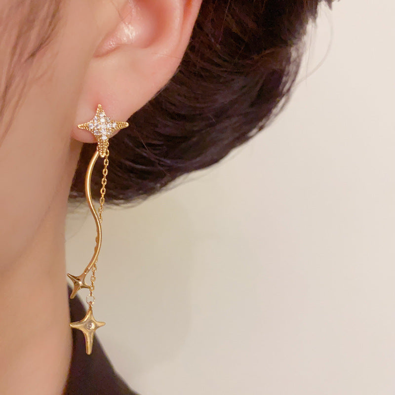 Luxury Full-Zircon Star Long Tassel Drop Earrings – S925 Silver Needle