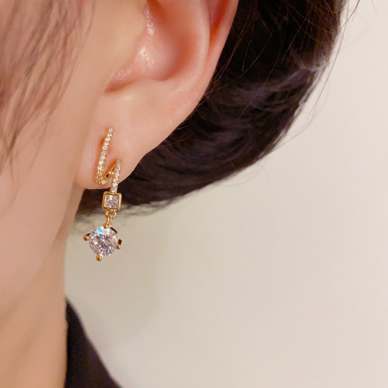 Elegant Zircon Geometric Ring Drop Earrings – Silver Needle Design