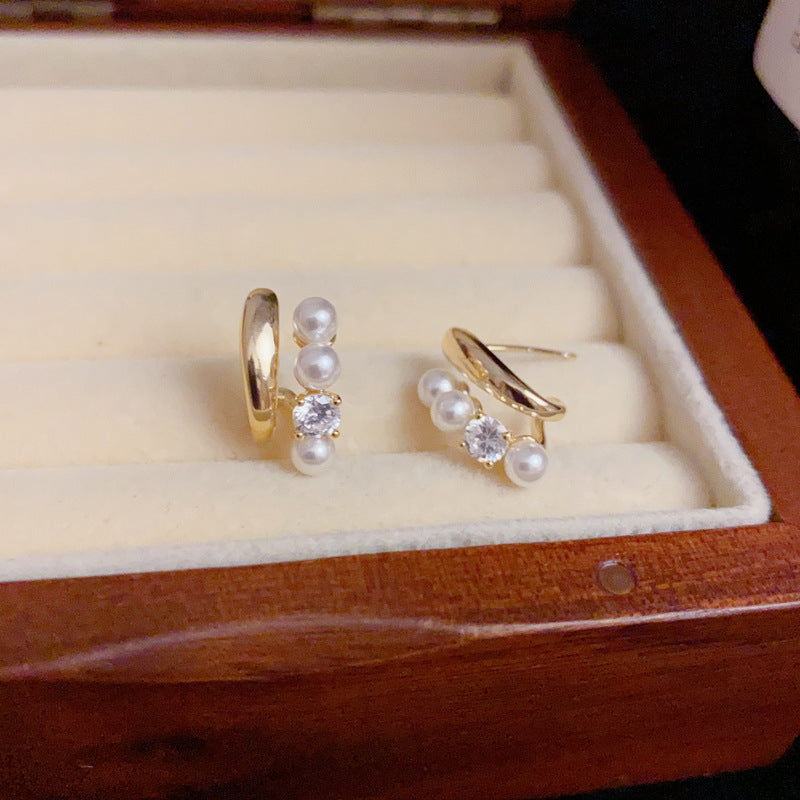 14K Gold Double-Layer Zircon Pearl Stud Earrings – Elegant Design