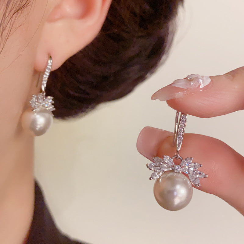 Zircon Leaf & Pearl Ear Hook Earrings – Silver Needle Floral Design