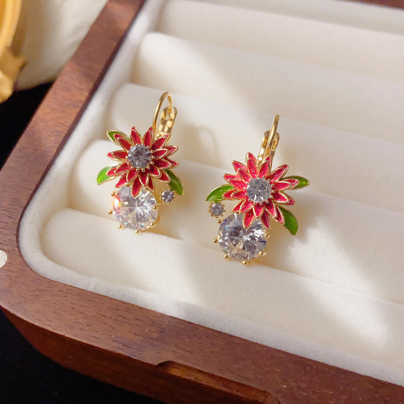 Elegant Red Daisy Zircon Ear Cuff Earrings – Floral Design