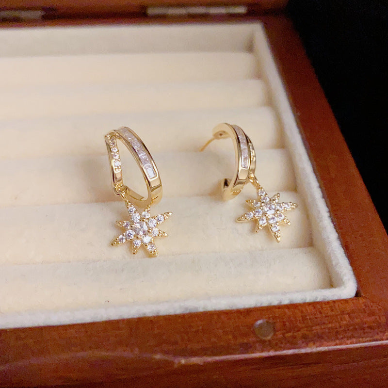 14K Gold Full Zircon Eight-Pointed Star Drop Earrings – Chic Design
