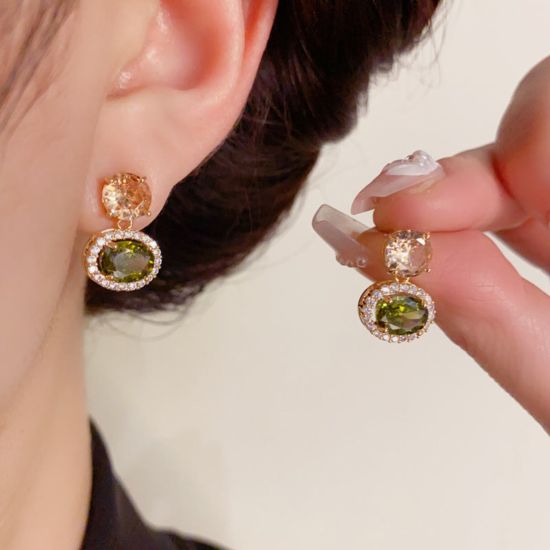 14K Gold-Plated Zircon Olive Green Round Earrings - Elegant Design