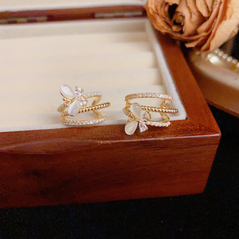 Zircon Butterfly Multi-Layer Arc Stud Earrings – S925 Silver Needle