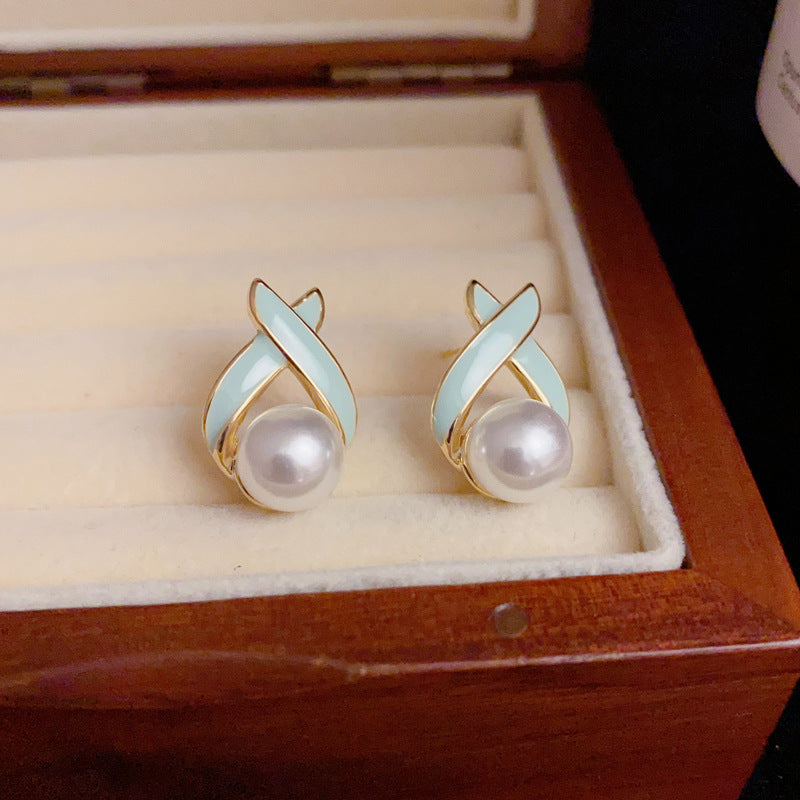 14K Gold-Plated Enamel Cross Pearl Stud Earrings – Minimalist Chic