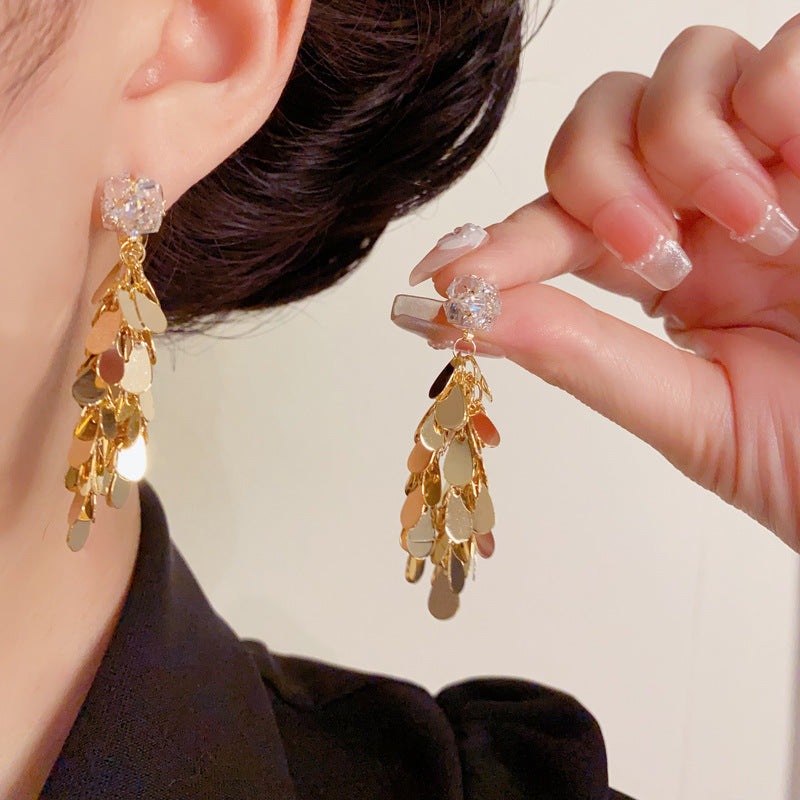 Luxury Square Zircon Metal Teardrop Tassel Earrings – Elegant Design
