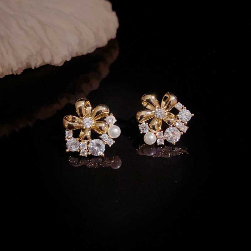 14K Gold-Plated Full Zircon Floral Stud Earrings–Sparkling Chic Design