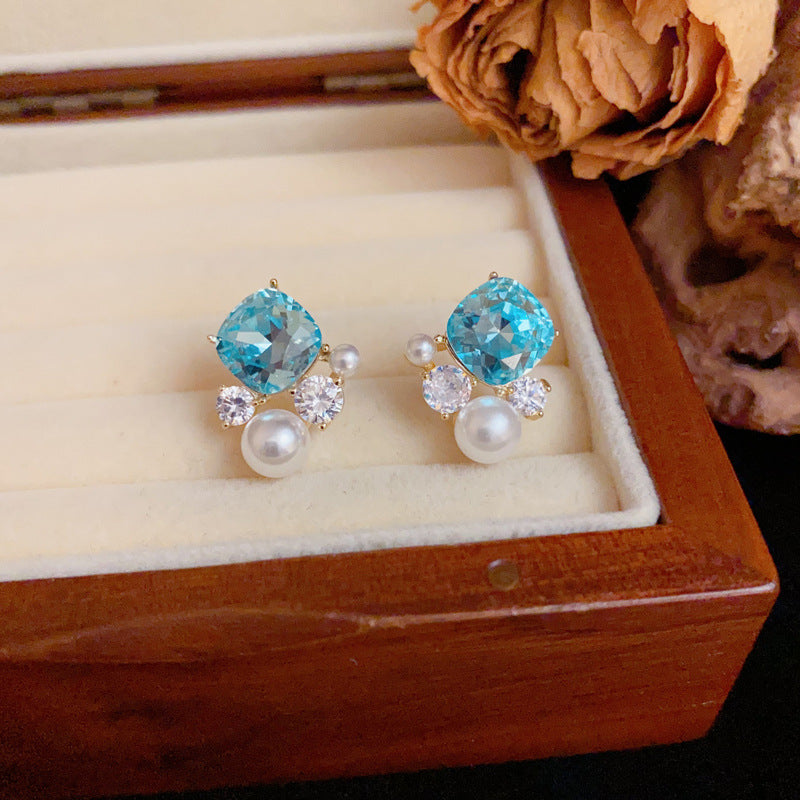 Luxury Blue Zircon & Pearl Stud Geometric Earrings – Elegant Design