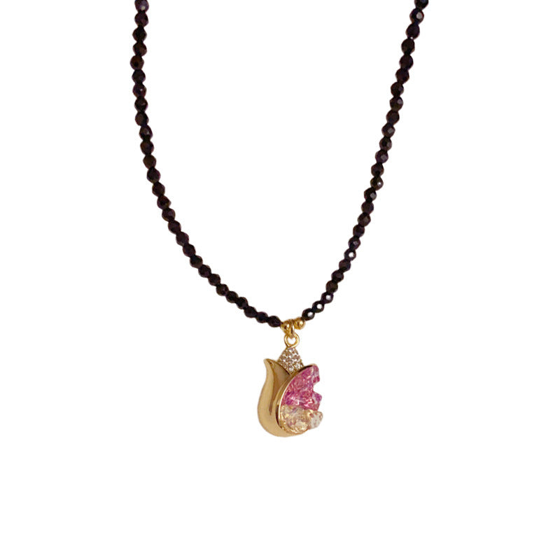 14K Gold Luxury Pink Tulip Crystal Pendant Necklace – Clavicle Chain