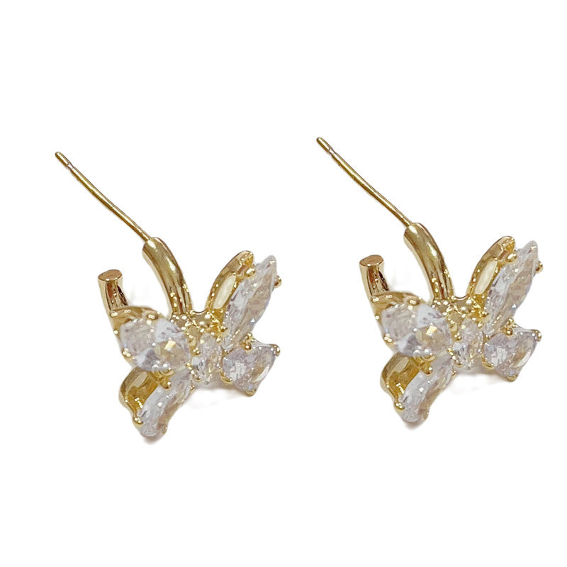 14K Gold Zircon Butterfly C-Shaped Hoop Earrings – Elegant Design