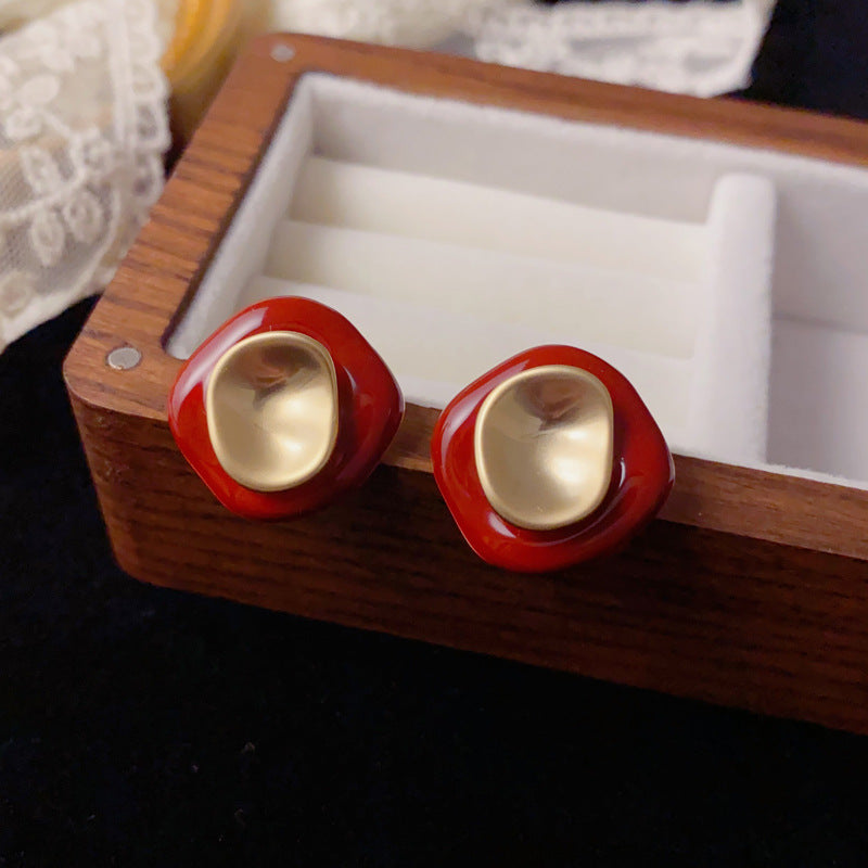 Luxury Red Enamel Irregular Stud Earrings – Elegant Retro Design