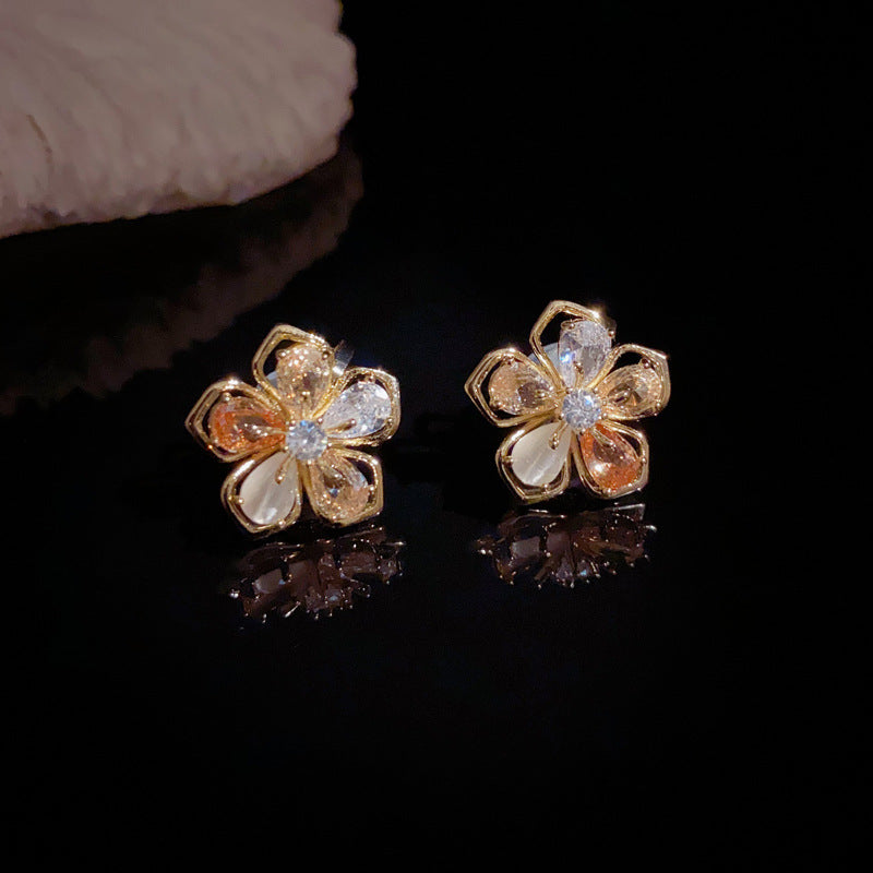 14K Gold Crystal Flower Clip-On Earrings – Elegant No-Piercing Design
