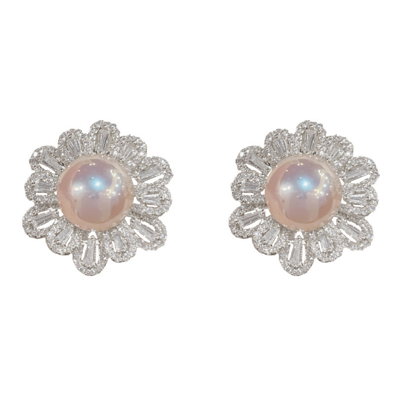 Gold Pavé Petal Pearl Earrings – 925 Silver Post for Sensitive Ears