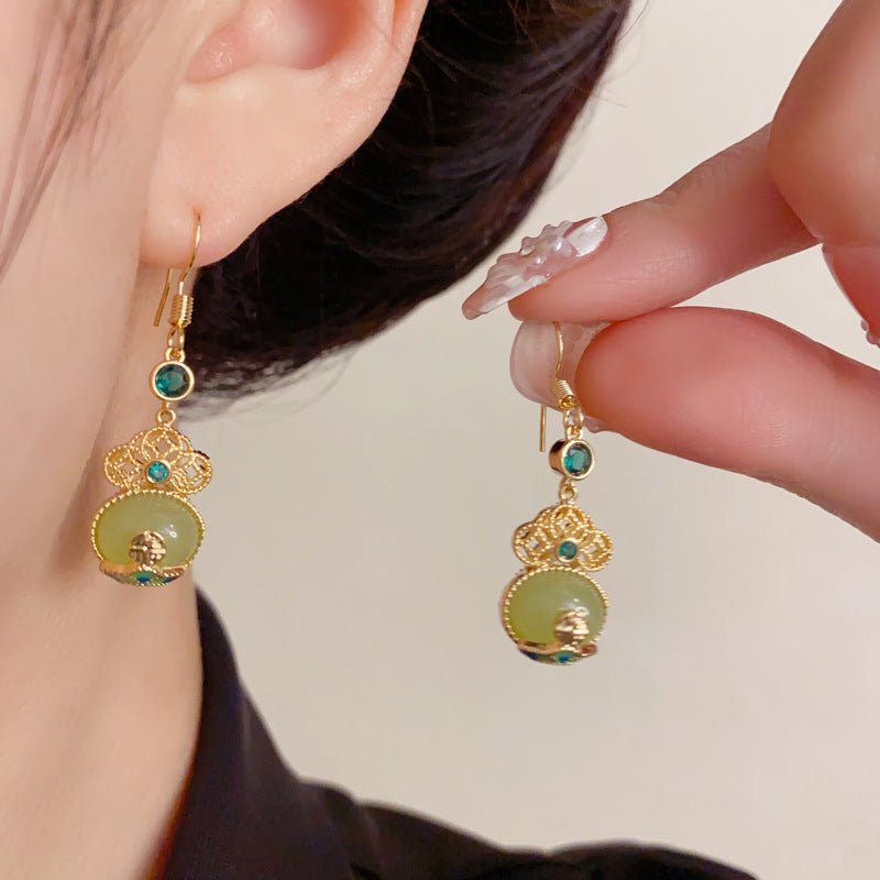 Elegant Imitation Jade Gourd Tassel Drop Earrings – Auspicious Design