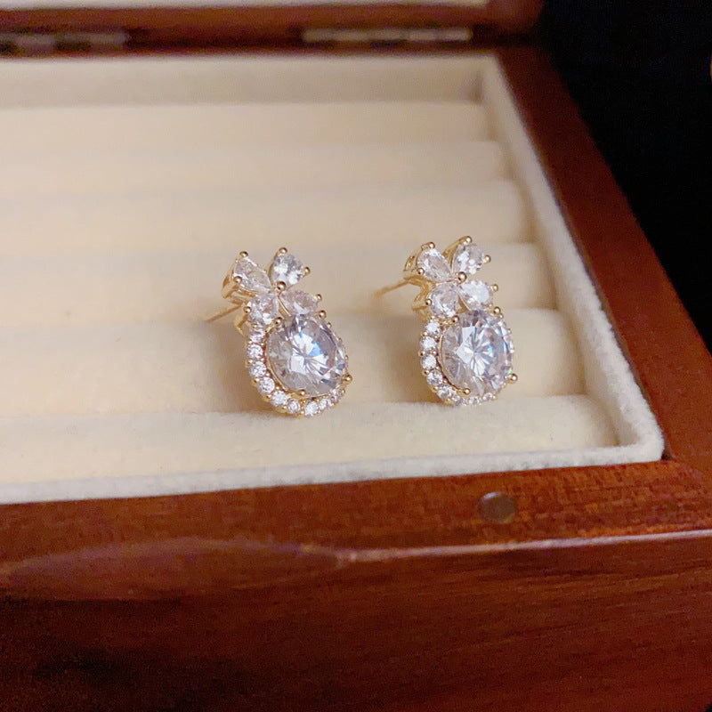 14K Gold-Plated Zircon Bow Circle Stud Earrings– Chic Sparkling Design