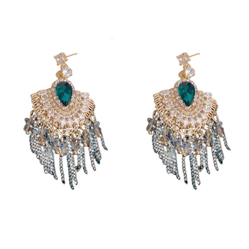 Elegant Zircon Fan-Shaped Tassel Drop Earrings – Geometric Design