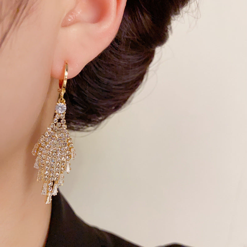 14K Gold-Plated Full Zircon Tassel Earrings- Elegant Statement