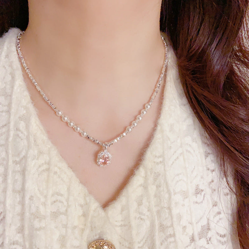 Pink Zircon Pendant Pearl Necklace –Dainty Silver-Flecked Beaded Chain