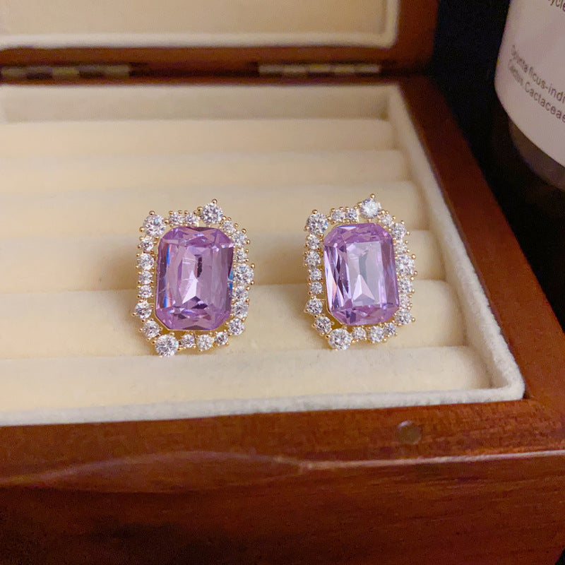 14K Gold-Plated Zircon Purple Square Stud Earrings – Elegant Design