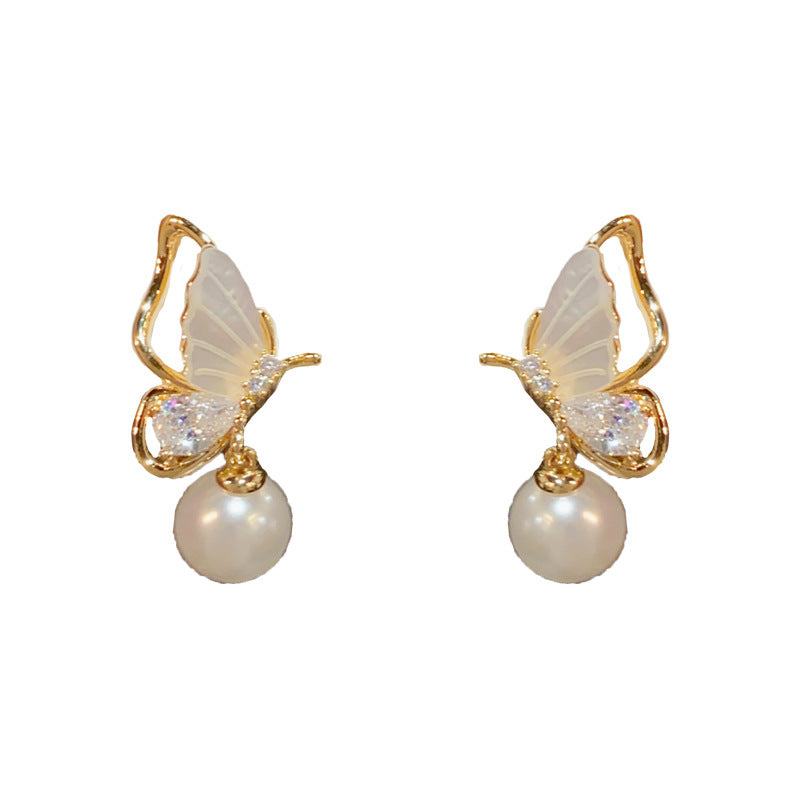 14K Gold-Plated Diamond Butterfly Pearl Drop Earrings Elegant&Feminine