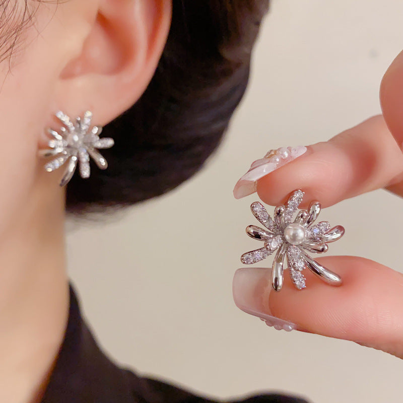 Gold Flower Bouquet Earrings – Micro Zircon Vintage Studs for Women