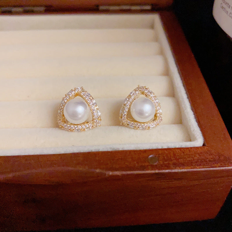 14K Gold Zircon Triangle Pearl Stud Earrings – Minimalist Chic Design
