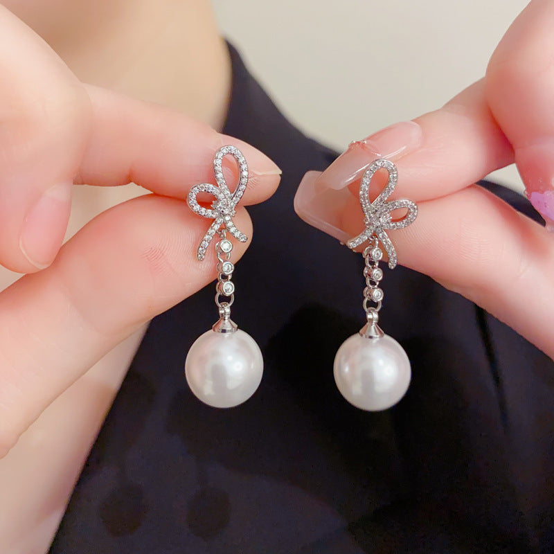 Elegant Zircon Butterfly Bow Pearl Tassel Earrings – Minimalist Design