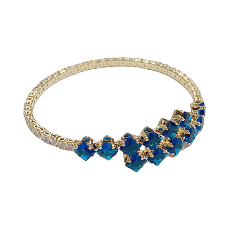 14K Gold-Plated Blue Full Zircon Open Bangle – Adjustable Elegant