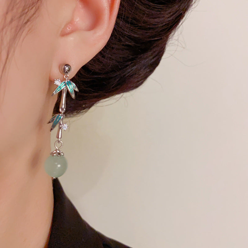Luxury Zircon Metal Bamboo Leaf Drop Earrings – Elegant Design