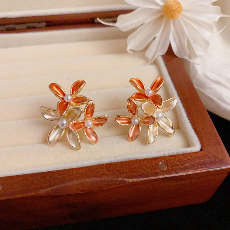Luxury Colorblock 3D Flower & Pearl Earrings – Elegant Floral Design