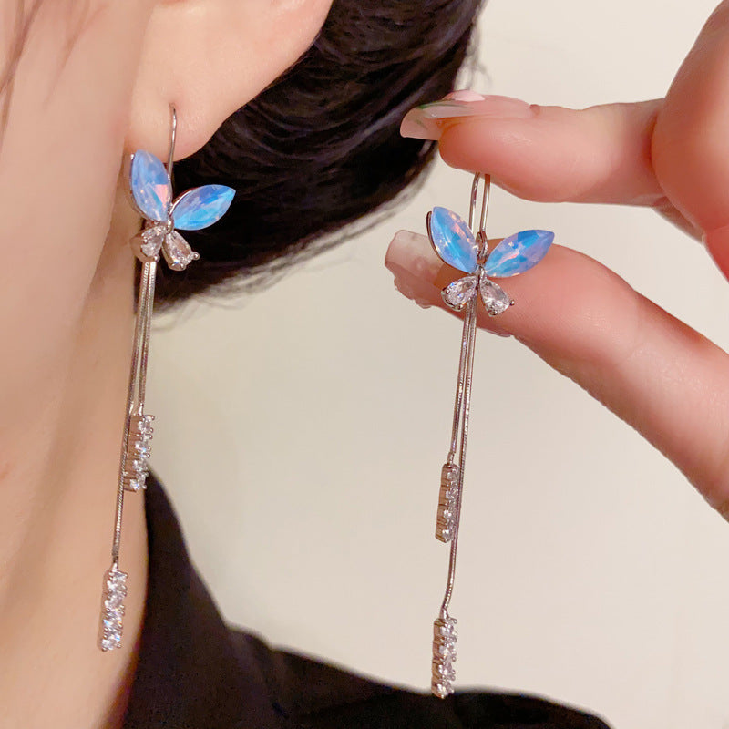 14K Gold-Plated Blue Butterfly Long Tassel Earrings – Elegant Design