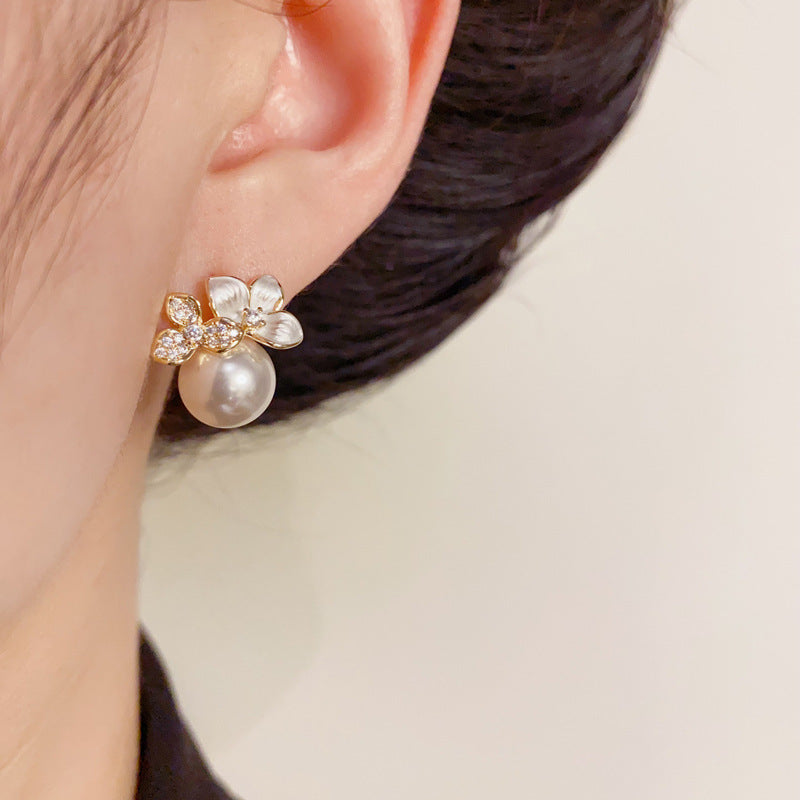 14K Gold-Plated White Enamel Flower Pearl Stud Earrings – Chic Design