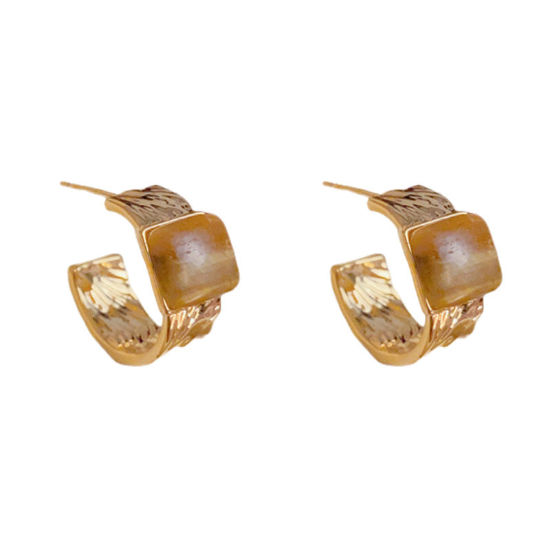Elegant Tiger's Eye Square Hoop Gold Earrings – Geometric Design