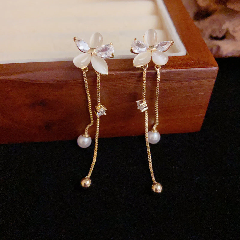 Zircon Flower & Pearl Tassel Drop Flower Earrings – Elegant Design