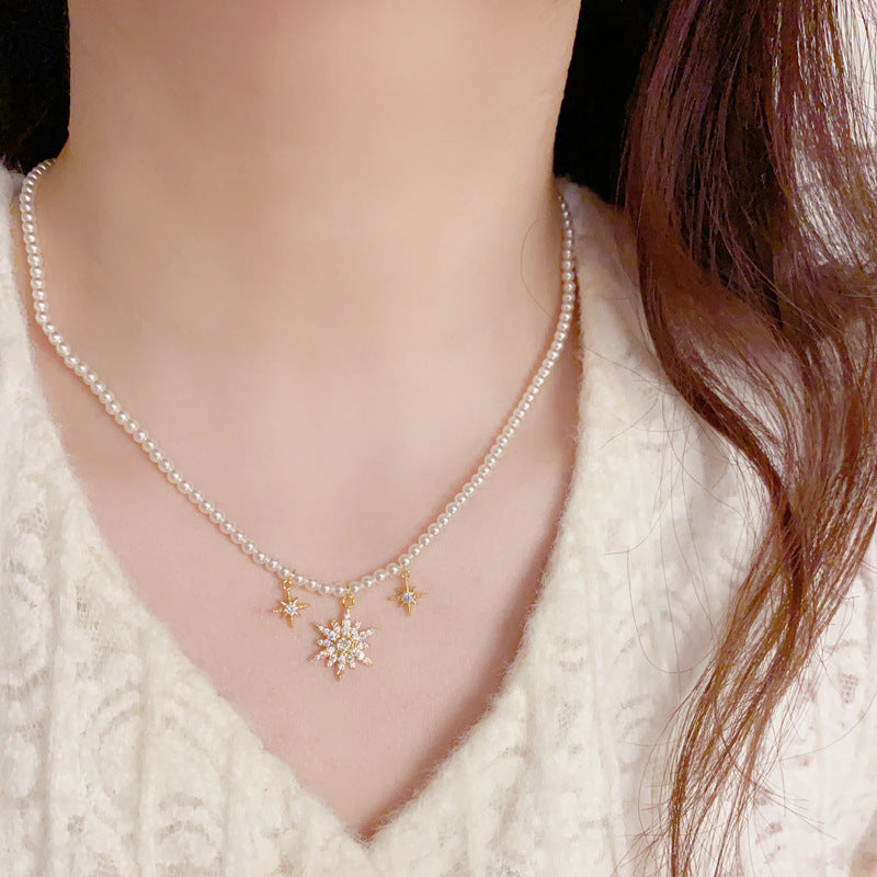 14K Gold Zircon Eight-Point Star Pendant Pearl Necklace –Elegant Charm