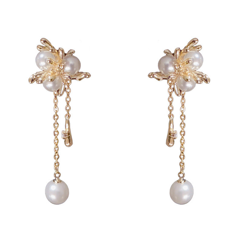 Elegant Metal Knotted Pearl Tassel Drop Earrings – Geometric Design