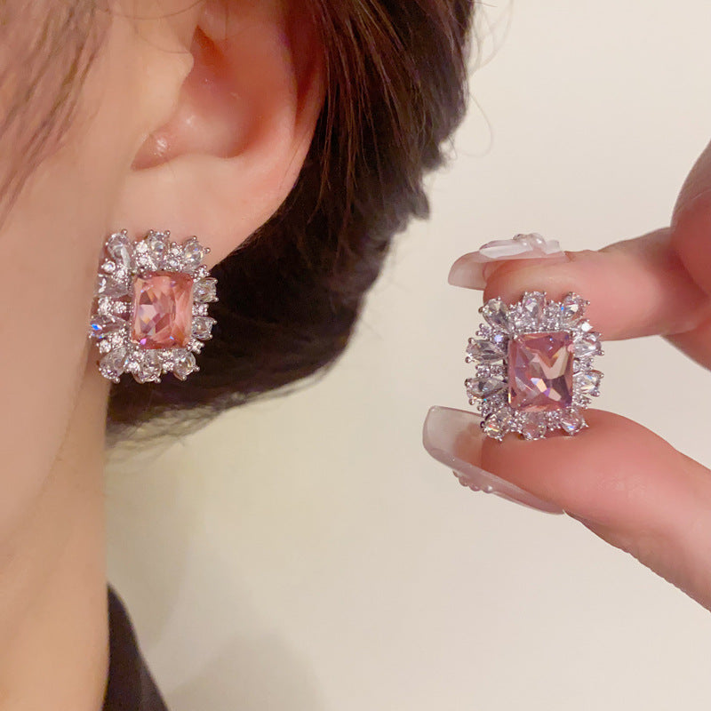 Silver-Plated Pink Square Stud Earrings - Dazzling Minimalist Design