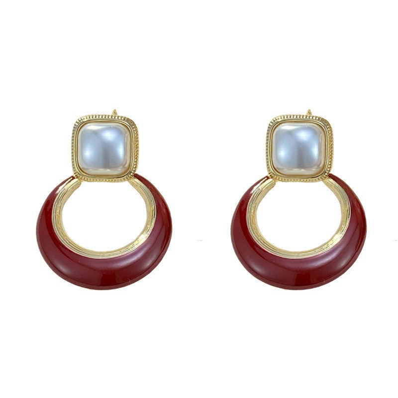 Eaioncol Square Pearl Red Circle Drop Earrings Gold