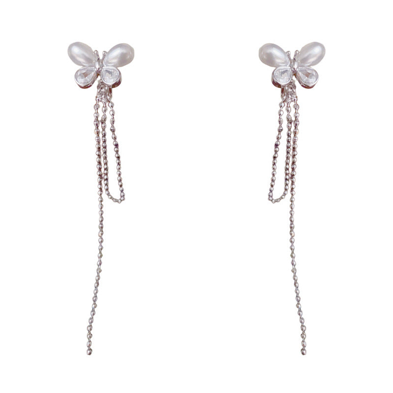 Luxury Pearl & Butterfly Tassel Drop Earrings – Silver Needle Design