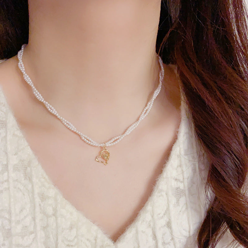 14K Gold-Plated Double Layer Pearl Heart Necklace – Minimalist Design