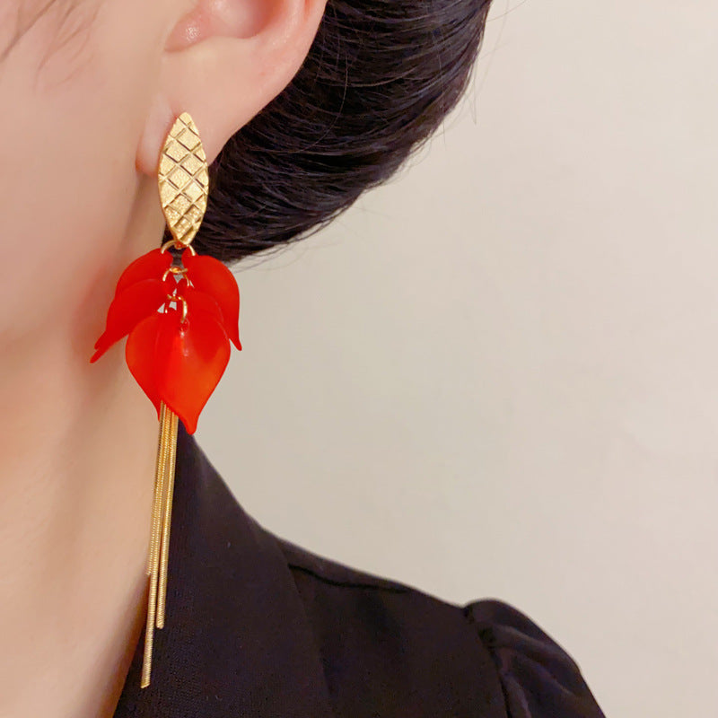 Luxury Red Petal Long Tassel Drop Earrings – French Floral Design