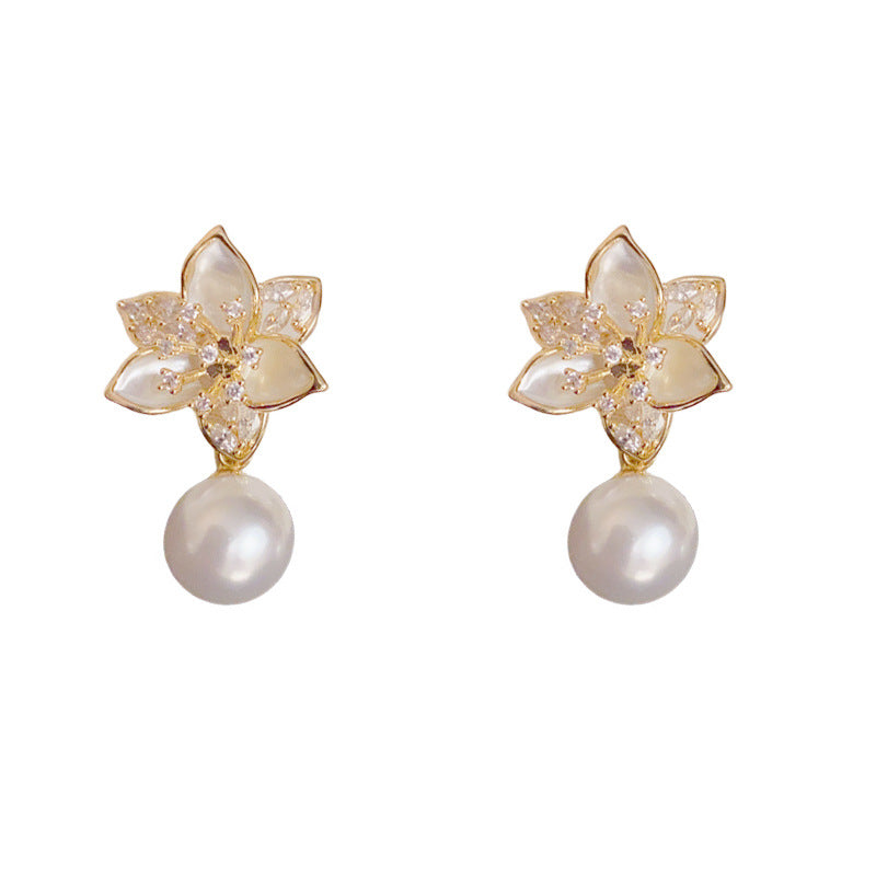 Zircon Flower Petal & Pearl Drop Gold Flower Earrings – Elegant Design