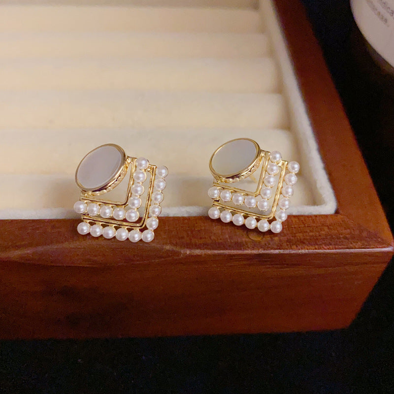 14K Gold-Plated Mother-of-Pearl Diamond Stud Earrings – Elegant Design