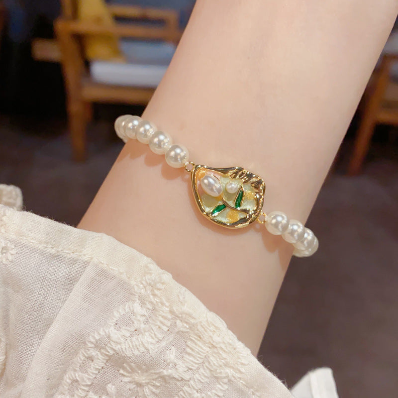 14K Gold Pearl Tulip Geometric Jewelry – Earrings, Bracelet & Necklace