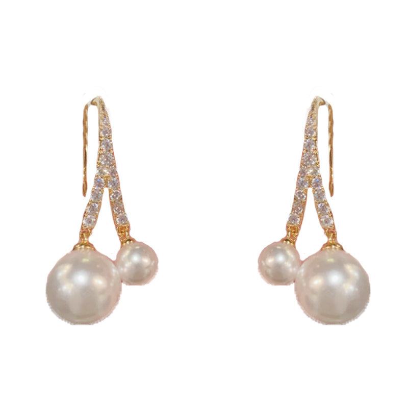 Elegant Zircon Dual Pearl Drop Earrings – Gold-Plated or Silver-Plated
