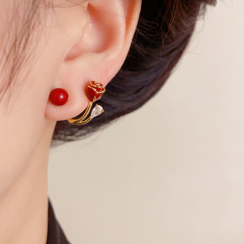 Elegant Red Rose Two-Way Stud Earrings – Floral Design