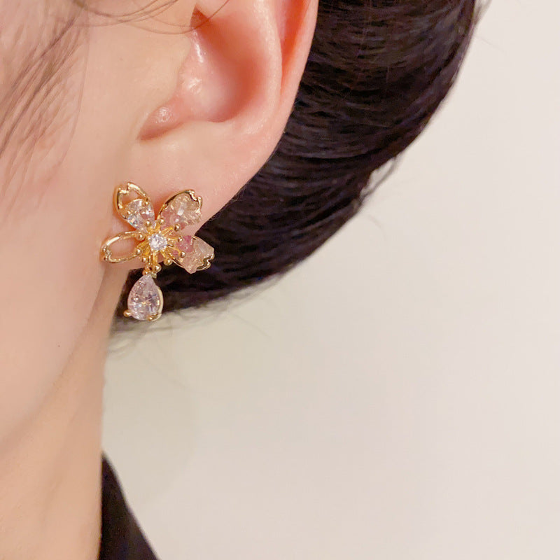 14K Gold Pink Crystal Flower Petal Drop Earrings – Sweet & Elegant