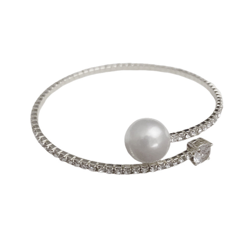 Minimalist Pearl & Rhinestone Open Cuff Bracelet – Adjustable Design